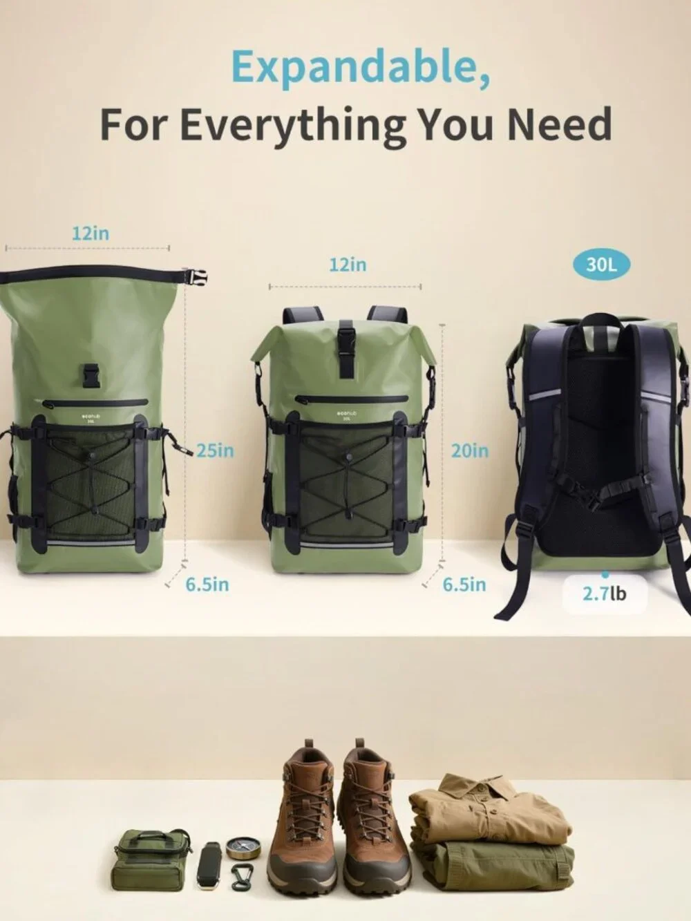 Waterproof Roll-Top Backpack 30L for Travel, Heavy Duty Dry Bag & Phone Case